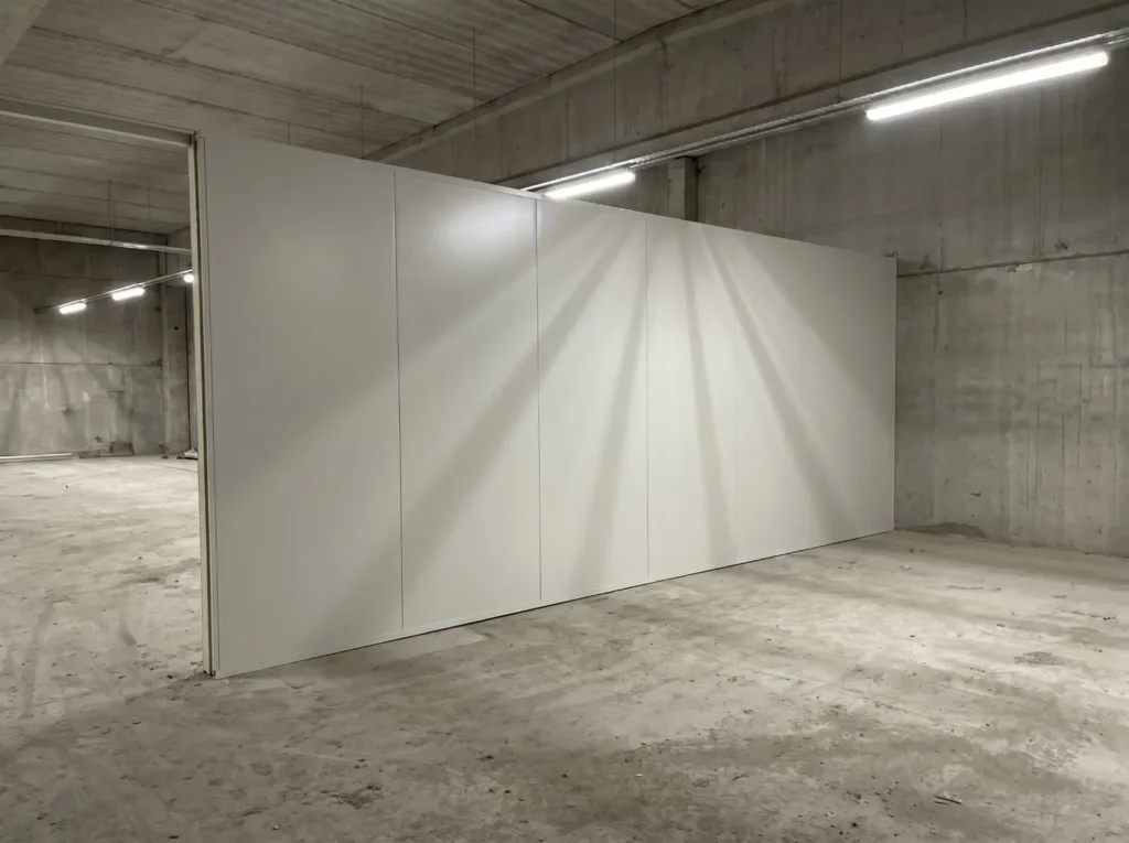 Completed internal partition wall in a concrete facility, utilizing YG Panels flat panels for service room isolation