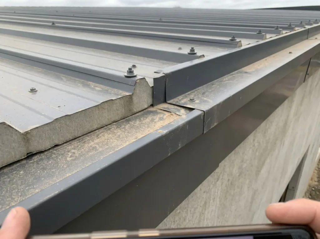 Detail of YG Panels roof sandwich panel installation, showing perfectly coordinated edge trims, wall-side flashing, and fastening accessories.