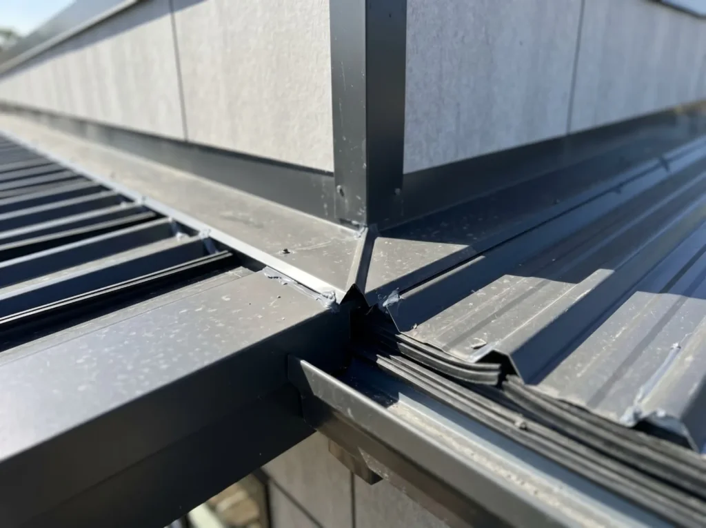 Detailed view of PG Panels coordinated roofing accessories including ridge cap, wall-side flashing, and eave trim at a Paraet junction