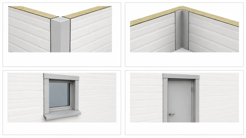 Outside corner inside corner window trim and door trim details for wall panel accessories