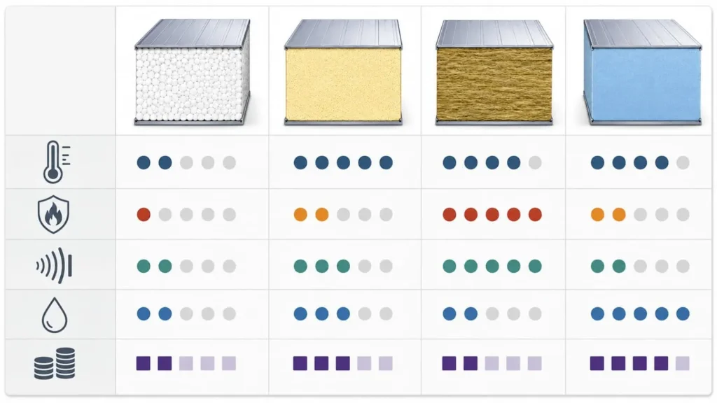 Performance comparison matrix for EPS PU rock wool and XPS insulated sandwich panels