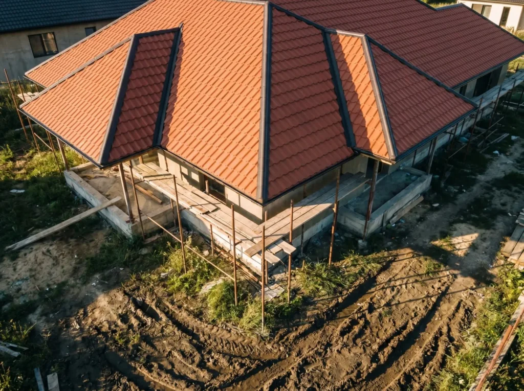 Physical on-site mock-ups comparing different YG Panels roof-wall combinations, including light walls with dark roofs, wood grain finishes, and mixed brick-flat facades.
