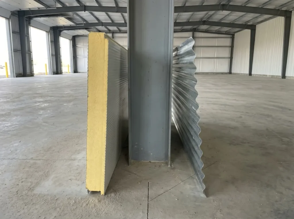 Two distinct roofing materials lean neatly side-by-side against a heavy grey steel structural H-beam column.