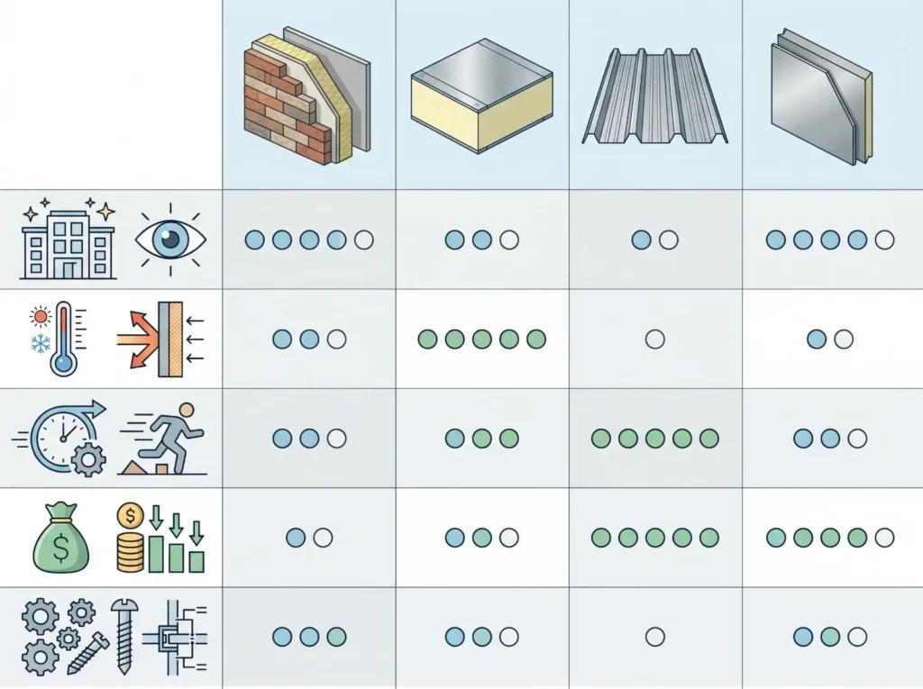 Wall cladding panel selection matrix by insulation finish cost and application
