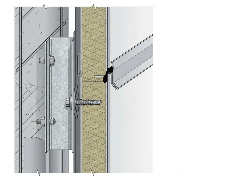 Wall panel accessories installation cross section with support profile fastener flashing and sealant
