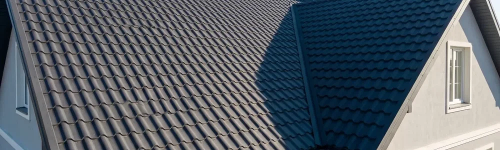 Clean finished appearance of a visible villa roofline utilizing YG Panels tile-look metal roofing panels with proper minimum slope
