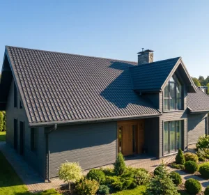 Clean finished appearance of a visible villa roofline utilizing YG tile-look metal roofing panels with proper minimum slope