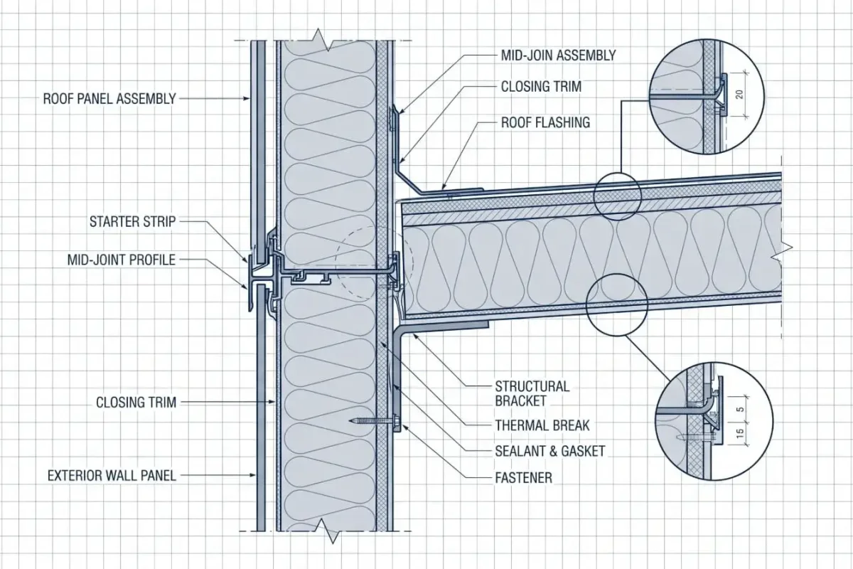 YG modular building panel system exploded view showing custom edge trims, flashing, and profiles